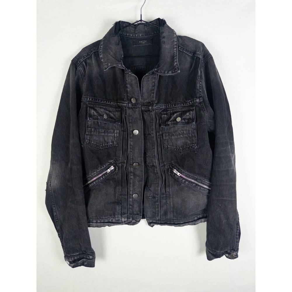 AMIRI Mens XL Distressed Black Denim Trucker Jacket Zip Pocket Made in USA
